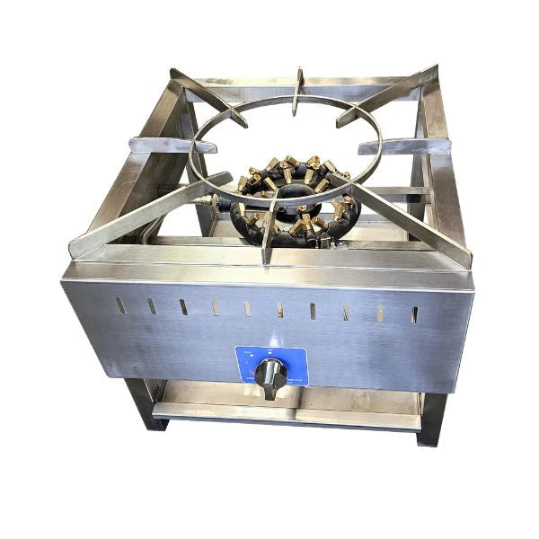 Custom commercial stockpot cooker with heavy-duty stainless steel body and multi-jet burners