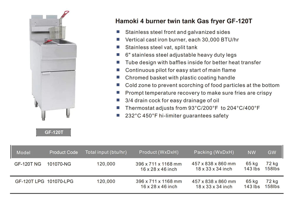 GF120T 4 Burner Twin Tank Gas Fryer with Twin Baskets