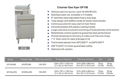 5 Burner Gas Fryer Free Standing Fryer