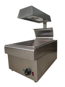 Professional chip dump station for holding fried chips warm in commercial kitchens