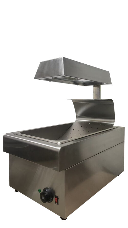 Stainless steel commercial chip dump warmer with overhead heating lamp
