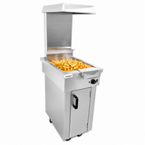 Unique electric chip warmer with perforated chip pan and heated gantry