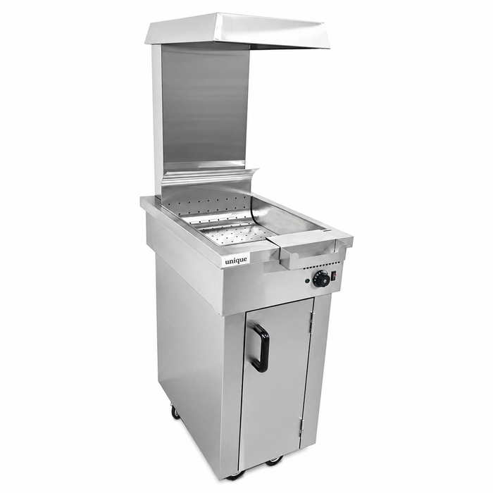 Unique stainless steel commercial chip scuttle with overhead heat lamps and storage cupboard